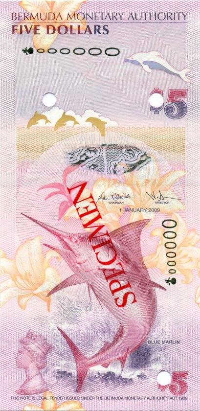 Bermuda P58s SPECIMEN 5 Dollars 2009 UNC