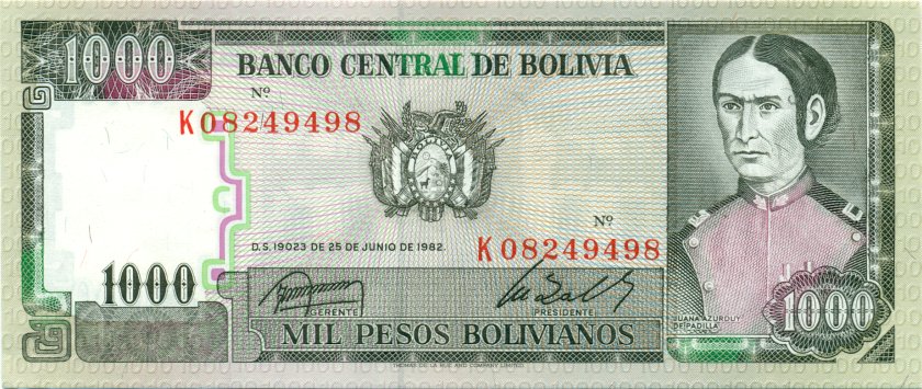 Bolivia P167a(3) 1.000 Pesos Bolivianos 1982 UNC