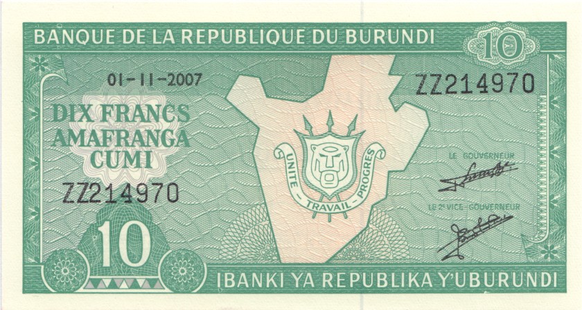 Burundi P33er REPLACEMENT 10 Francs / Amafranga 2007 UNC