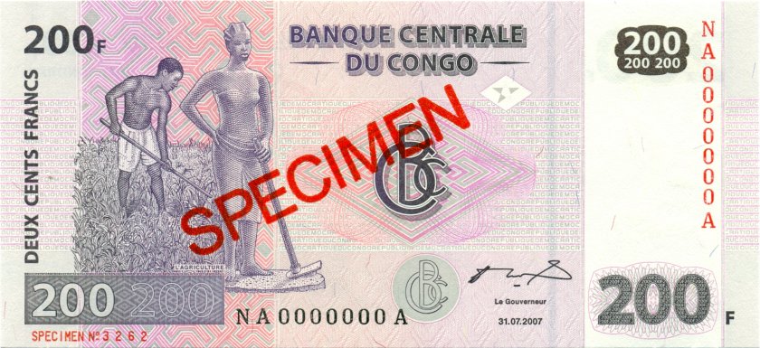 Congo Democratic Republic P99 SPECIMEN 200 Francs 2007 UNC