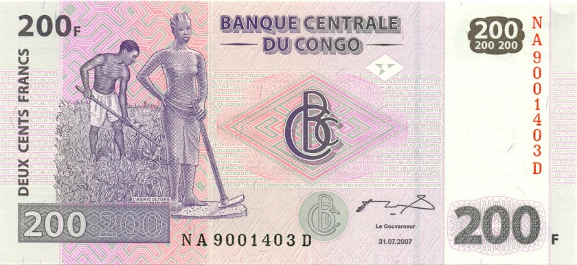 Congo Democratic Republic P99a 200 Francs 2007 UNC