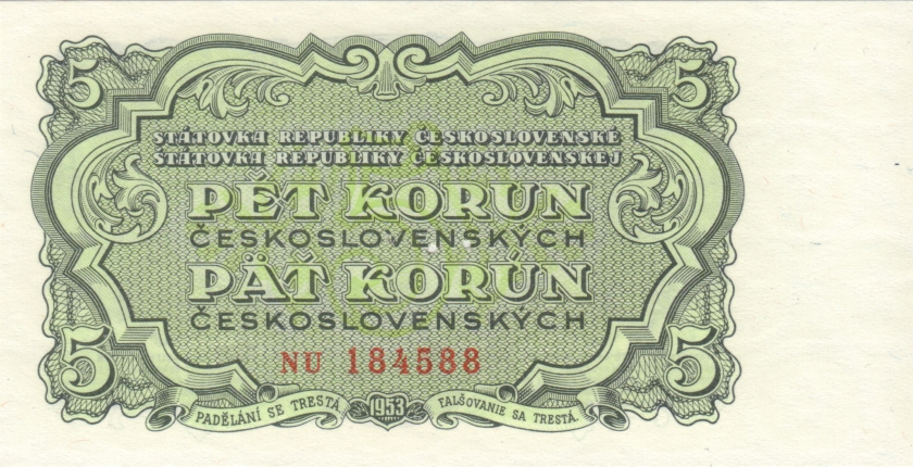 Czechoslovakia P80b Specimen 5 Czechoslovak Korun 1953 UNC