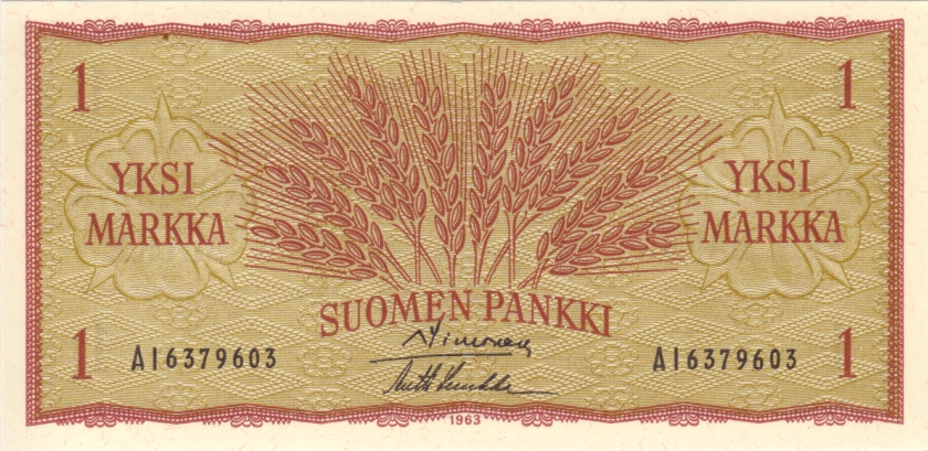 Finland P98a(16) 1 Finnish Markka 1963 UNC