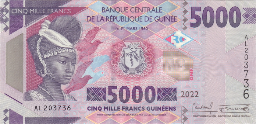 Guinea P49d 5.000 Guinean Francs 2022 UNC