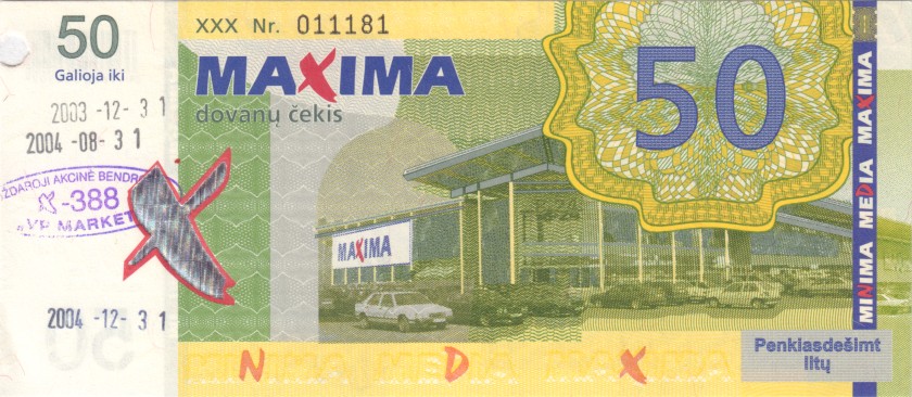 Lithuania PNL MAXIMA 50 Litas 31.12.2003 Prolonged till 31.12.2004 AU/UNC