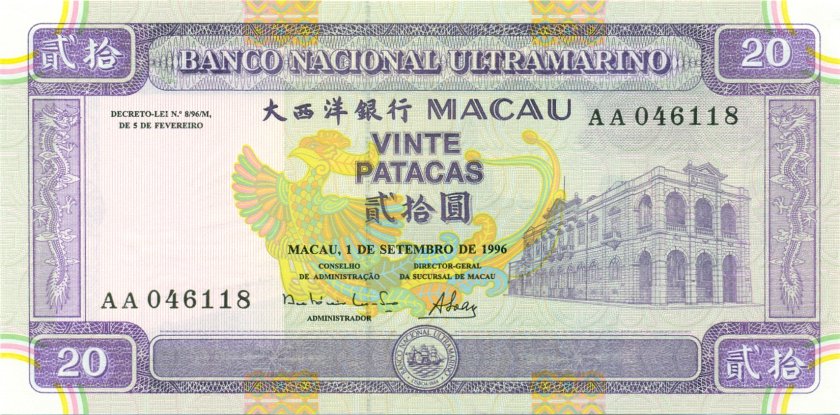 Macau P66 20 Patacas 1996 UNC