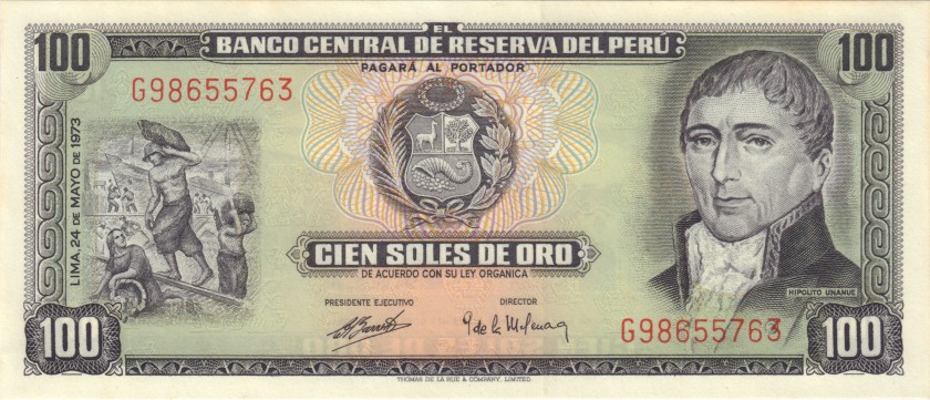 Peru P102c 100 Soles de Oro 1973 UNC