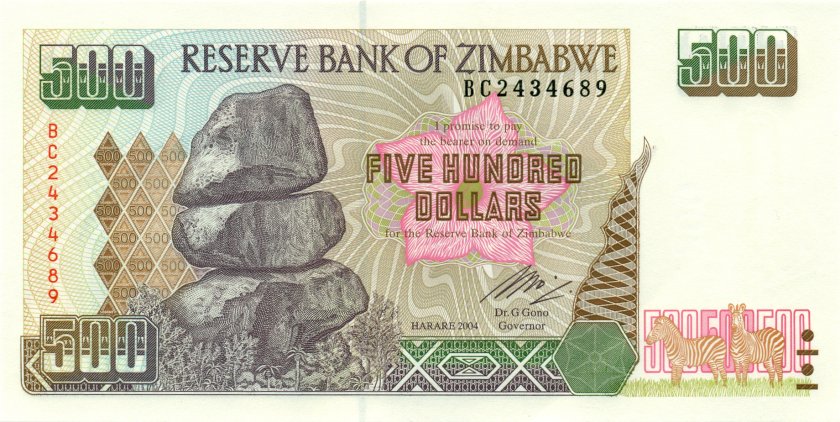 Zimbabwe P11b 500 Dollars 2004 UNC