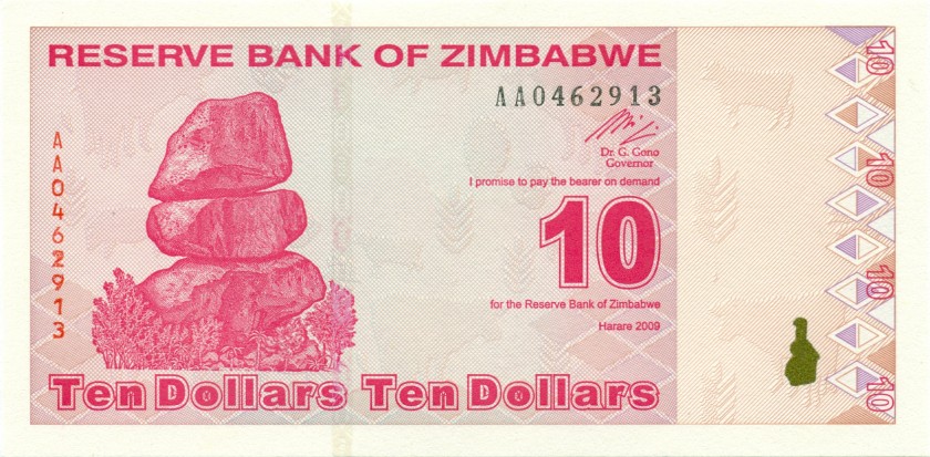 Zimbabwe P94 10 Dollars 2009 UNC