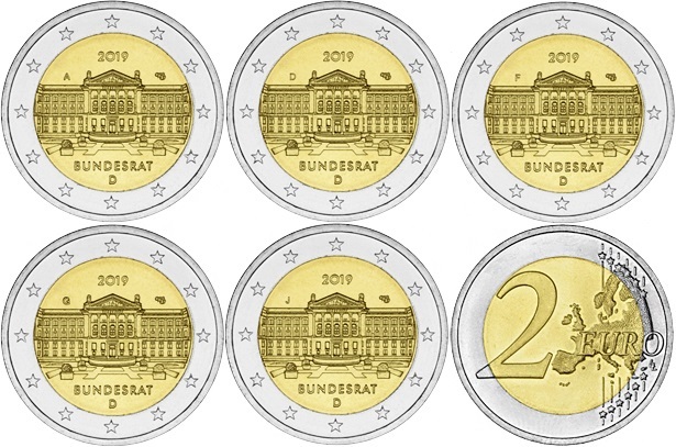 Germany 2019 2 Euro Federal Council ADFGJ 5 coins UNC