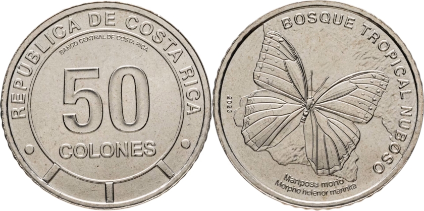 Costa Rica 2023 50 Colones Butterfly Helenor Blue Morpho UNC