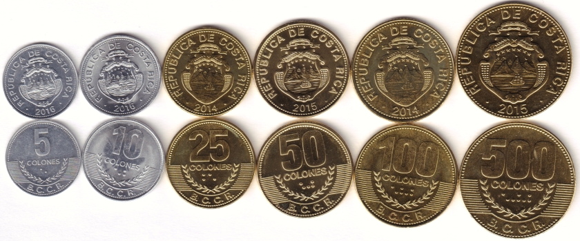 Costa Rica 2014 - 2016 5, 10, 25, 50, 100, 500 Colones 6 coins UNC