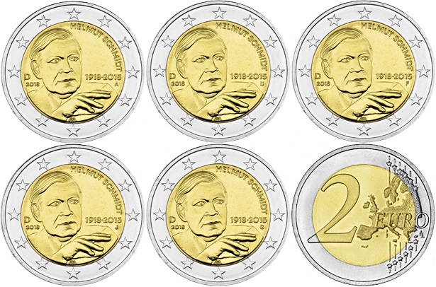 Germany 2018 2 Euro 100th birthday of Helmut Schmidt ADFGJ 5 coins UNC