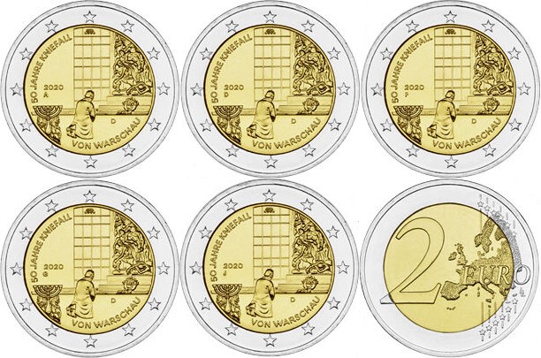 Germany 2020 2 Euro 50th anniversary of the Warsaw genuflection ADFGJ 5 coins UN