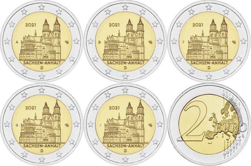 Germany 2021 2 Euro Saxony-Anhalt ADFGJ 5 coins UNC