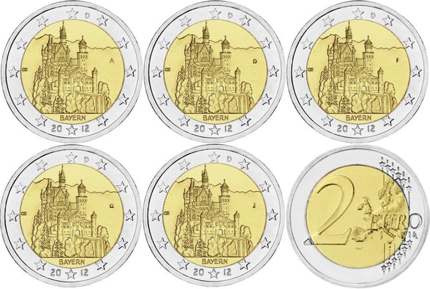 Germany 2012 2 Euro Federal state of Bavaria ADFGJ 5 coins UNC